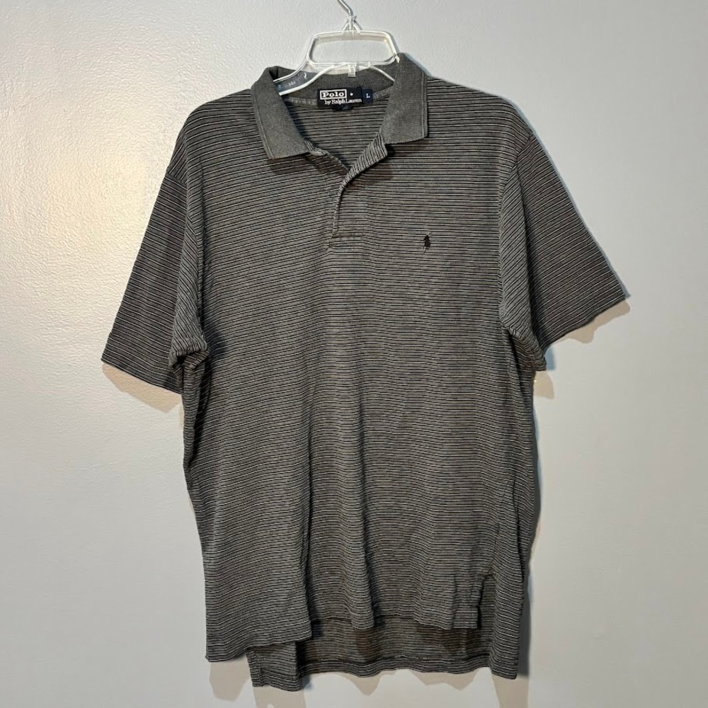 Polo Ralph Lauren Polo Shirt Mens L Grey‎ Cotton Striped Classic Pony Logo Top